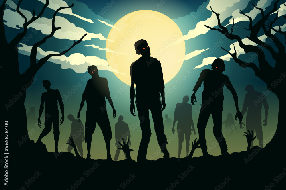 Zombie crowd resurrected and walking in the graveyard have a dead trees and hand out of the ground. Illustration about Halloween theme green background. Zombie crowd resurrected and walking in the graveyard have a dead trees and hand out of the ground. Illustration about Halloween theme green background.
