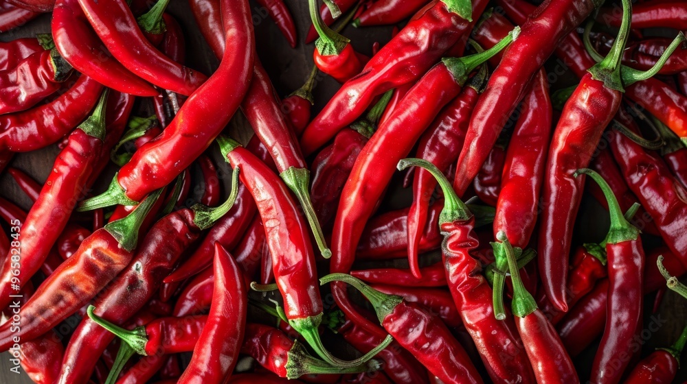 Bright red chili peppers with vibrant green stems, arranged in a neat pile Bright red chili peppers with vibrant green stems, arranged in a neat pile