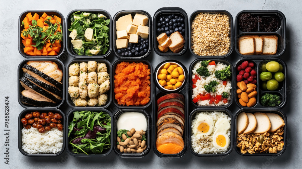 A variety of healthy meal prep containers filled with diverse foods including vegetables, fruits, grains, proteins, and nuts, arranged neatly on a gray surface. A variety of healthy meal prep containers filled with diverse foods including vegetables, fruits, grains, proteins, and nuts, arranged neatly on a gray surface.
