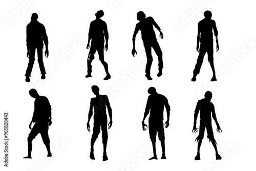 Zombie standing and walking actions in Silhouette style collection. People resurrected from the dead isolated on white.
