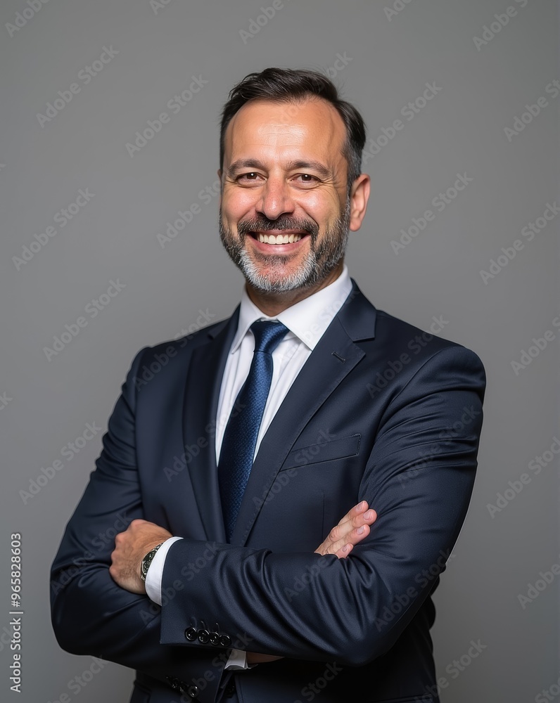 A smiling, confident man in a formal black suit, arms crossed, exuding professionalism and charisma against a neutral background. A smiling, confident man in a formal black suit, arms crossed, exuding professionalism and charisma against a neutral background.