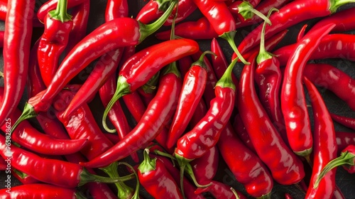 Bright red chili peppers with vibrant green stems, arranged in a neat pile photo