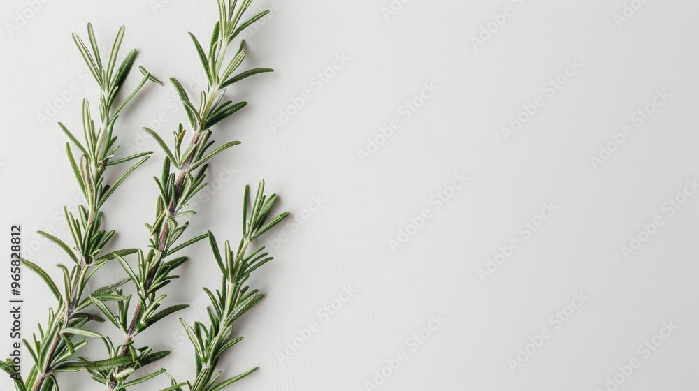 Fototapeta premium Bunch of rosemary sprigs placed diagonally on a clean, white surface to emphasize the simplicity and beauty of the herb