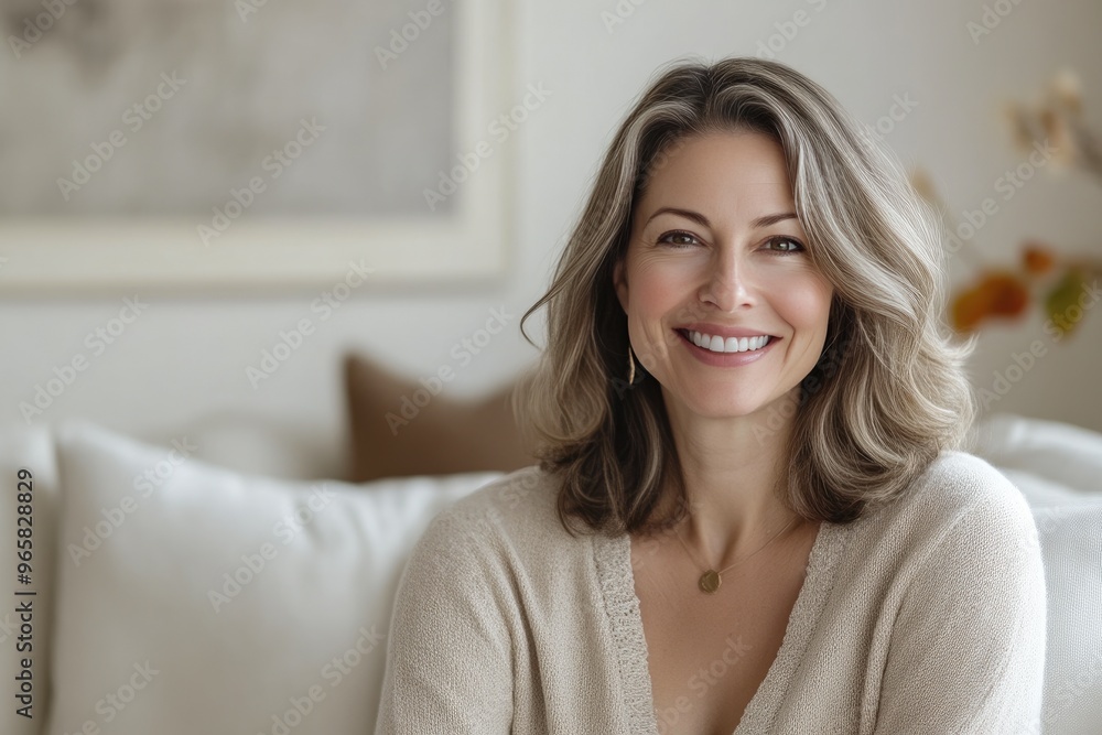 Beige Outfits: Mature Woman Relaxing at Home Beige Outfits: Mature Woman Relaxing at Home