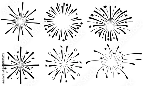 Set of 6 Fireworks Explosions, silhouettes isolated on a transparent background