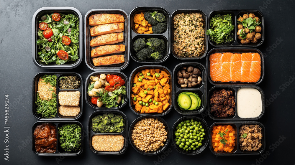 Fototapeta premium A variety of healthy meal prep containers filled with different foods, including salads, grilled salmon, grains, roasted vegetables, fresh greens, and various dressings.