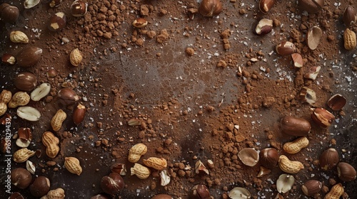 Close-up of a textured surface covered with scattered peanuts in their shells, highlighting the natural brown tones and rough textures