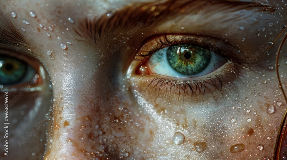 A woman's eye is shown in a mirror, reflecting the blue of the sky. The eye is surrounded by a shadow, giving it a sense of depth and dimension A woman's eye is shown in a mirror, reflecting the blue of the sky. The eye is surrounded by a shadow, giving it a sense of depth and dimension