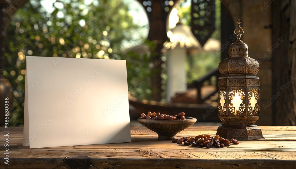 Empty Card with a Lantern and Dates on a Wooden Table Empty Card with a Lantern and Dates on a Wooden Table