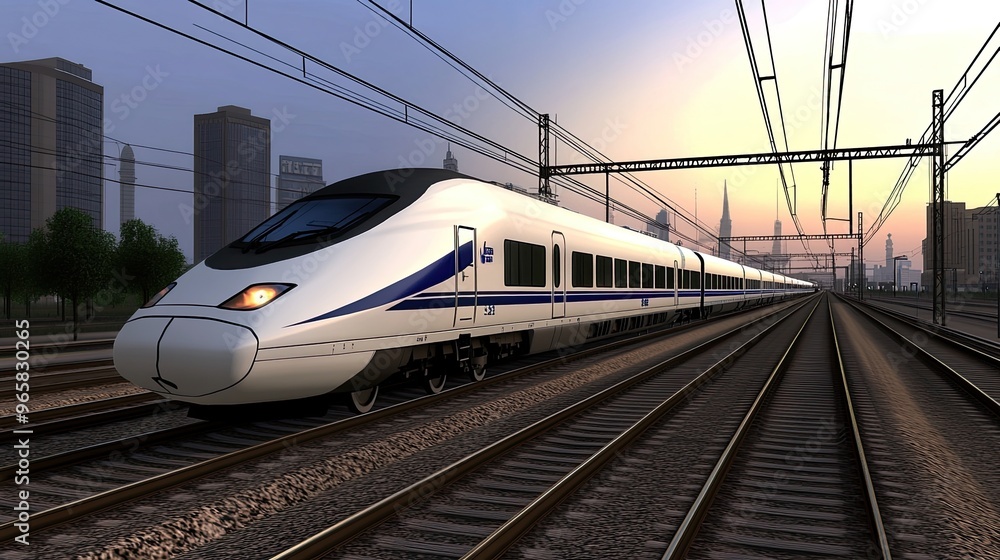 An ultra-luxury maglev train speeds along an elevated track against a vibrant sunset, surrounded by skyscrapers and lush green vegetation in the valley below An ultra-luxury maglev train speeds along an elevated track against a vibrant sunset, surrounded by skyscrapers and lush green vegetation in the valley below