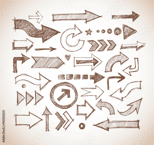 Collcetion of hand-drawn doodle sketch arrows in various  directions, sketched with a rough, artistic feel in vintage style