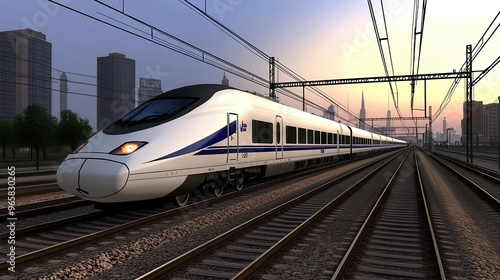 An ultra-luxury maglev train speeds along an elevated track against a vibrant sunset, surrounded by skyscrapers and lush green vegetation in the valley below