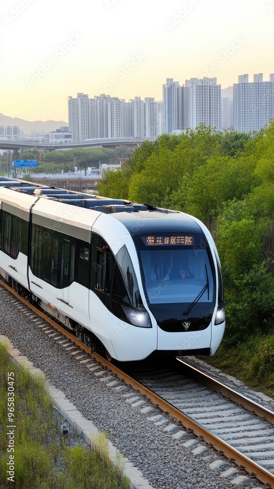 Naklejka premium An ultra-luxury maglev train speeds along an elevated track against a vibrant sunset, surrounded by skyscrapers and lush green vegetation in the valley below