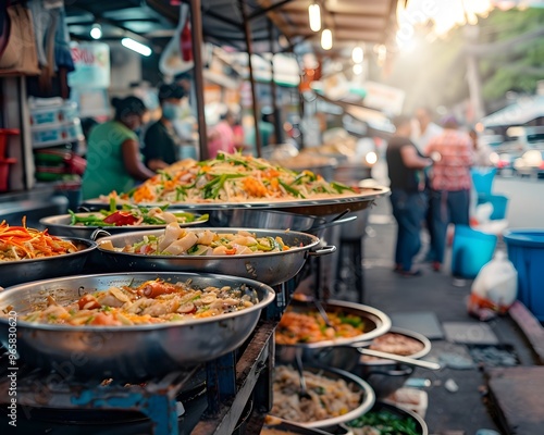 Vibrant Open Air Market Food Stall with Bustling Street Scenes and Colorful Ingredients