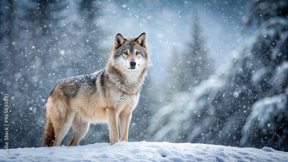 Fototapeta premium Solitary wolf standing still in the quiet of falling snow , wolf, solitary, winter, snow, nature, wildlife, majestic