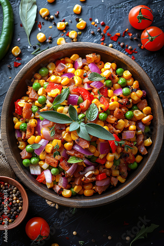 Pea and Corn Succotash: Southern-style side dish with green peas, corn kernels, bell peppers, onions, and bacon or ham. photo