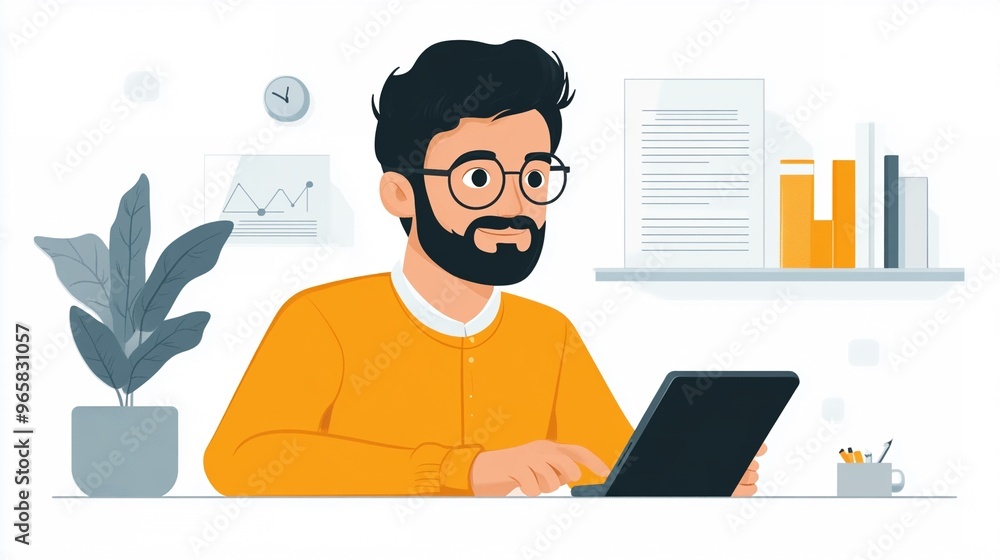 Professional Working on Tablet in Modern Office with Plant and Shelf Background Professional Working on Tablet in Modern Office with Plant and Shelf Background