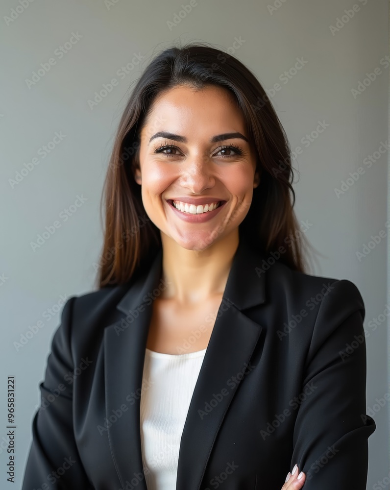 A smiling woman radiating confidence and professionalism in a clean, neutral setting. A smiling woman radiating confidence and professionalism in a clean, neutral setting.