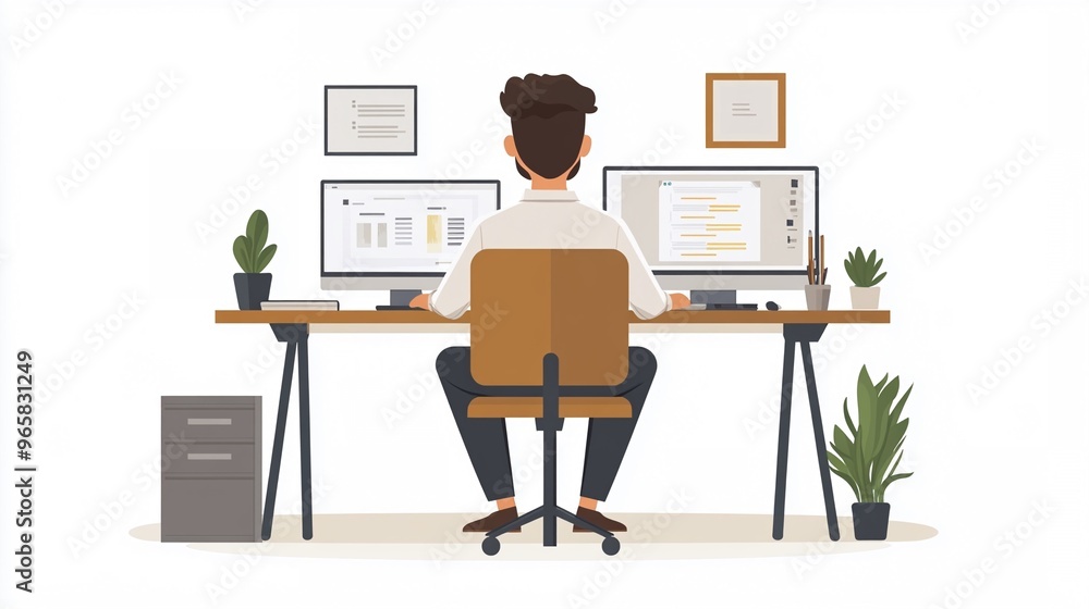 Professional Workspace with Dual Monitors, Man Working at Office Desk Professional Workspace with Dual Monitors, Man Working at Office Desk