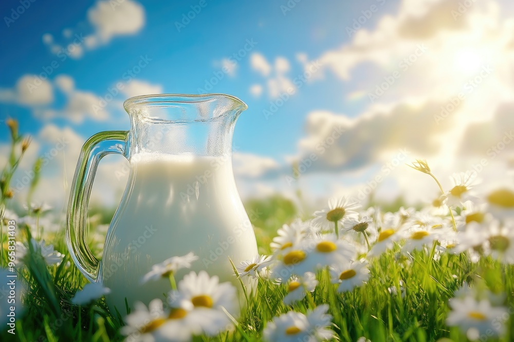 Milk Jug with Grass and Daisies Under Clear Blue Sky Milk Jug with Grass and Daisies Under Clear Blue Sky