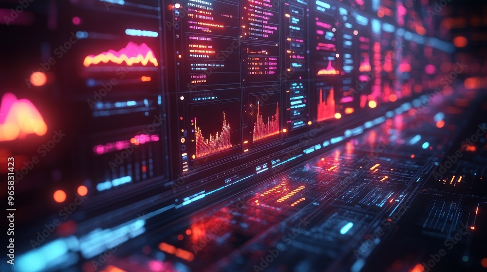 A futuristic digital interface displaying data visualizations. A futuristic digital interface displaying data visualizations.