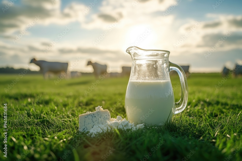 Cheese and Fresh Milk in Rural Setting with Cows Cheese and Fresh Milk in Rural Setting with Cows