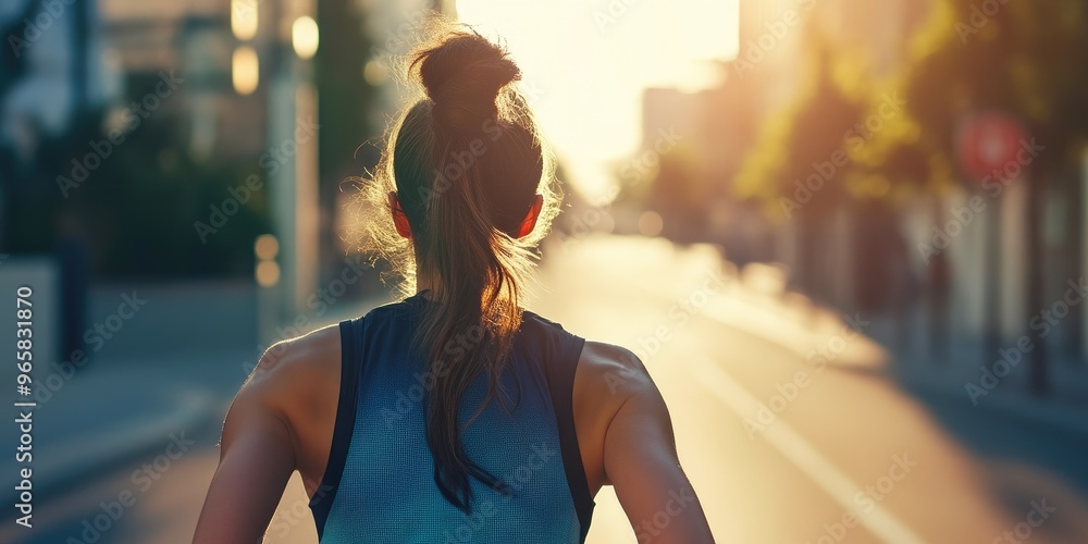Active Woman Running, Sunlight and Shadows on Road Active Woman Running, Sunlight and Shadows on Road