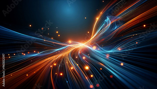 Abstract dynamic flowing lines in vibrant orange blue hues composition evokes a feeling of motion and light suggesting a digital or futuristic theme against a dark background