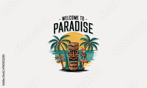 Tropical paradise vector with tiki statue, palm trees, and sunset background.