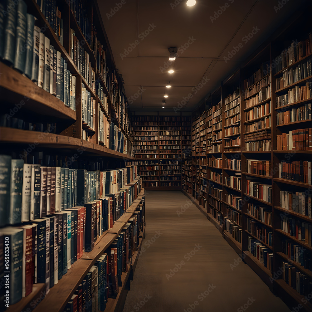 Antique bookshelves filled with dusty tomes line the walls of the dimly lit library, creating a serene atmosphere for scholarly pursuits Antique bookshelves filled with dusty tomes line the walls of the dimly lit library, creating a serene atmosphere for scholarly pursuits