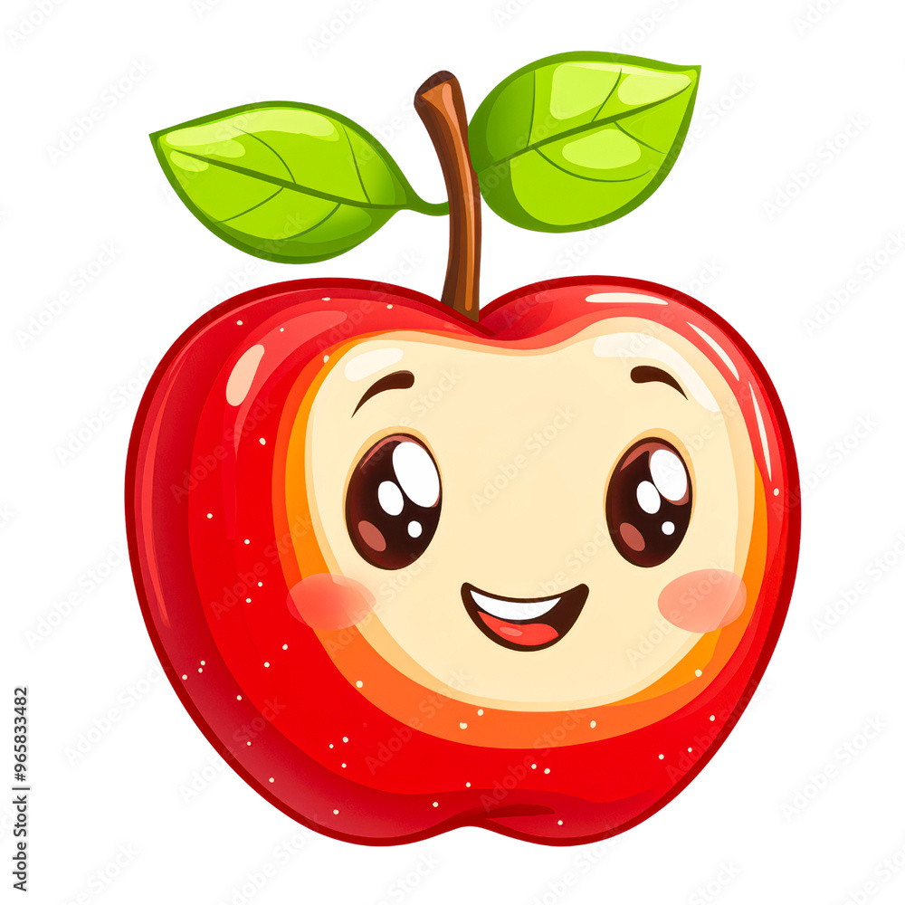 Obraz premium A vibrant cartoon apple character with a cheerful face and two green leaves on top; ideal for children's educational materials isolated on transparency PNG background, healthy eating campaigns