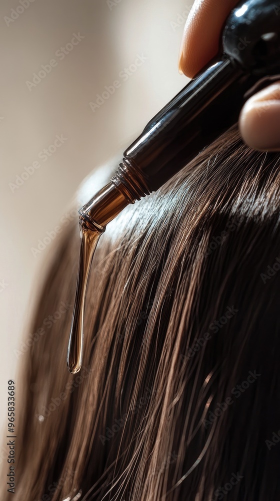 A close-up of a dropper dispensing hair oil onto glossy hair, showcasing a healthy glow and nourishing treatment. A close-up of a dropper dispensing hair oil onto glossy hair, showcasing a healthy glow and nourishing treatment.