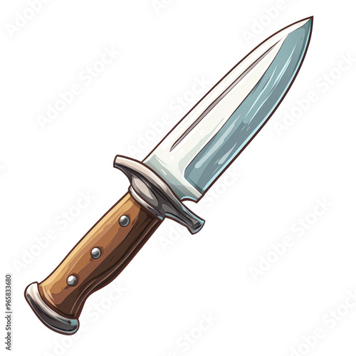 An illustration of a hunting knife with a shiny blade and wooden handle isolated on transparency PNG background, ideal for use in outdoor adventure, survival, and hunting-themed designs