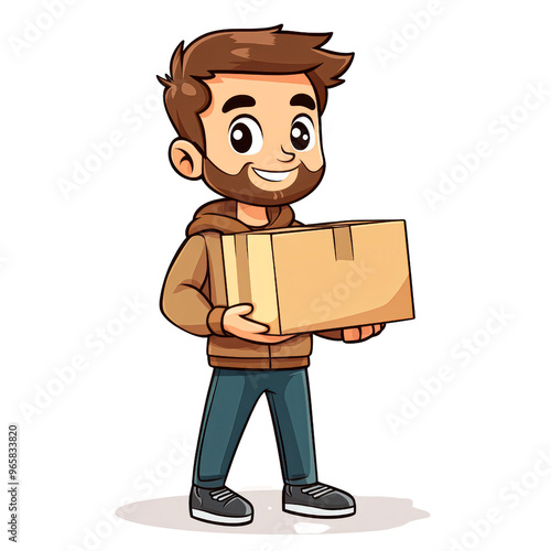 A cartoon-style bearded character holding a cardboard box isolated on transparency PNG background, perfect for representing delivery, shipping, or online shopping themes in various media, photo