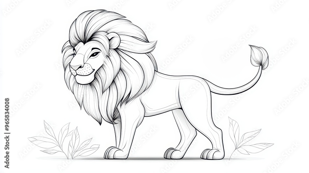Fototapeta premium Majestic Wild Lion Line Art for Educational Coloring: Minimalist Black and White Illustration of Lioness Roaring in Nature Safari.