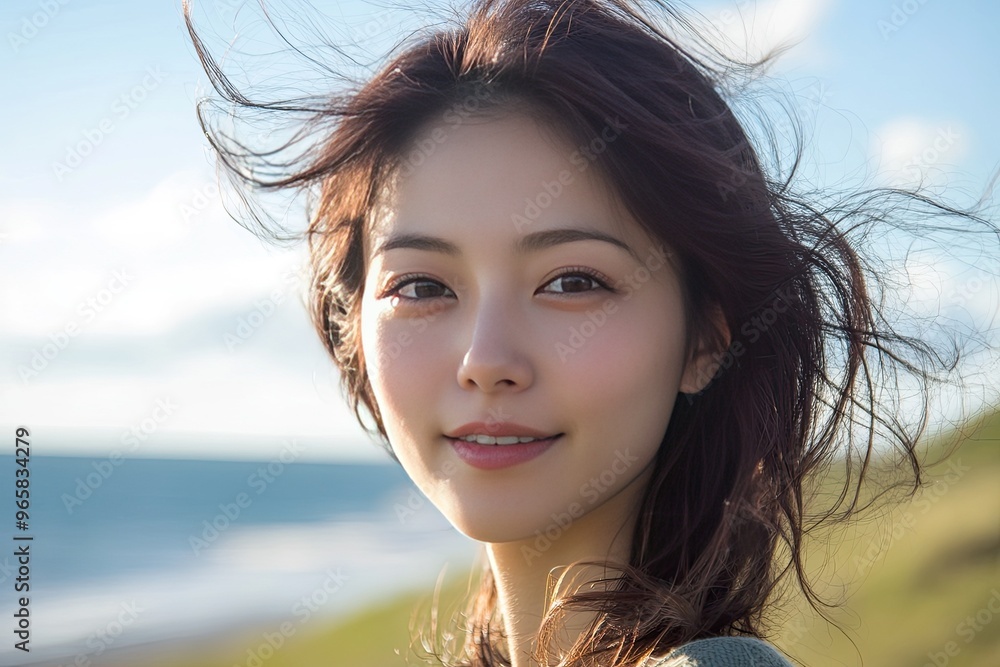 A serene portrait of a woman with flowing hair, capturing the essence of natural beauty against a coastal backdrop. A serene portrait of a woman with flowing hair, capturing the essence of natural beauty against a coastal backdrop.