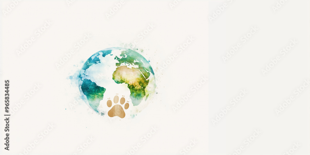 A minimalist Earth with a delicate gold lion paw print symbolizes animals' role, set against a clean light neutral background for World Animal Day. A minimalist Earth with a delicate gold lion paw print symbolizes animals' role, set against a clean light neutral background for World Animal Day.