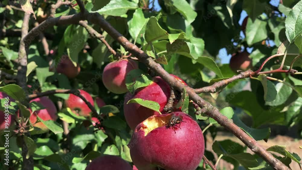 A large fly climbs on a damaged apple on an apple tree branch in an orchard. Red apple pecked by birds. Destruction of the apple crop by birds and insects. A large fly climbs on a damaged apple on an apple tree branch in an orchard. Red apple pecked by birds. Destruction of the apple crop by birds and insects.