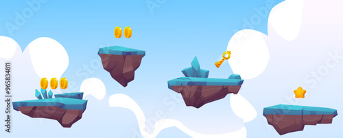 Vector illustration with a game location of flying islands with gold coins, keys, ice, crystals