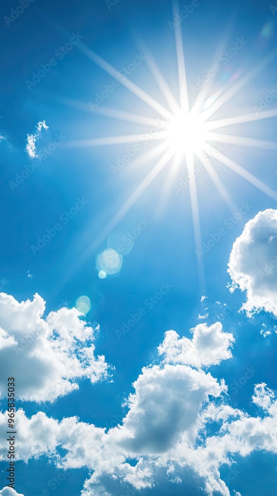 Bright sun shining in a clear blue sky with fluffy clouds, creating a serene and uplifting atmosphere for relaxing moments. Bright sun shining in a clear blue sky with fluffy clouds, creating a serene and uplifting atmosphere for relaxing moments.