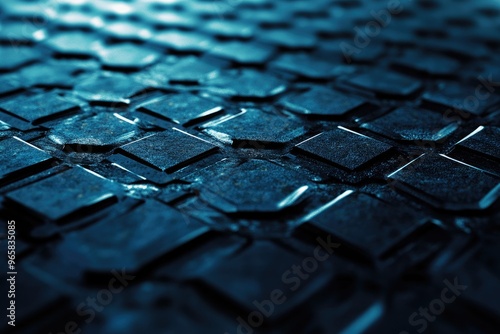 Close-up of a textured metal surface with a hexagonal pattern and dramatic lighting, ideal for industrial and abstract backgrounds.