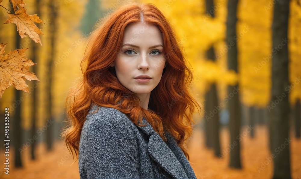 A woman with long, red hair stands in a forest with yellow leaves, looking directly at the camera A woman with long, red hair stands in a forest with yellow leaves, looking directly at the camera