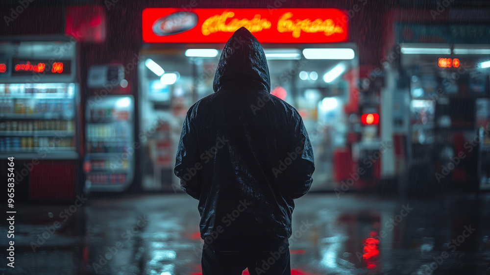 Hooded Figure Exiting Convenience Store at Night Depicting Retail Robbery Under Red Light Hooded Figure Exiting Convenience Store at Night Depicting Retail Robbery Under Red Light