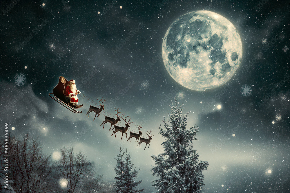 Naklejka premium Santa Claus in his sleigh flying across a starry sky, with reindeer leading the way and a full moon illuminating the snowy landscape below.
