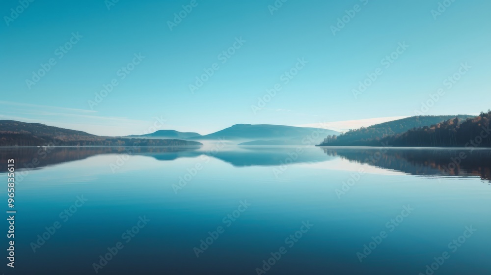 Clear blue sky reflected in the calm lake Clear blue sky reflected in the calm lake