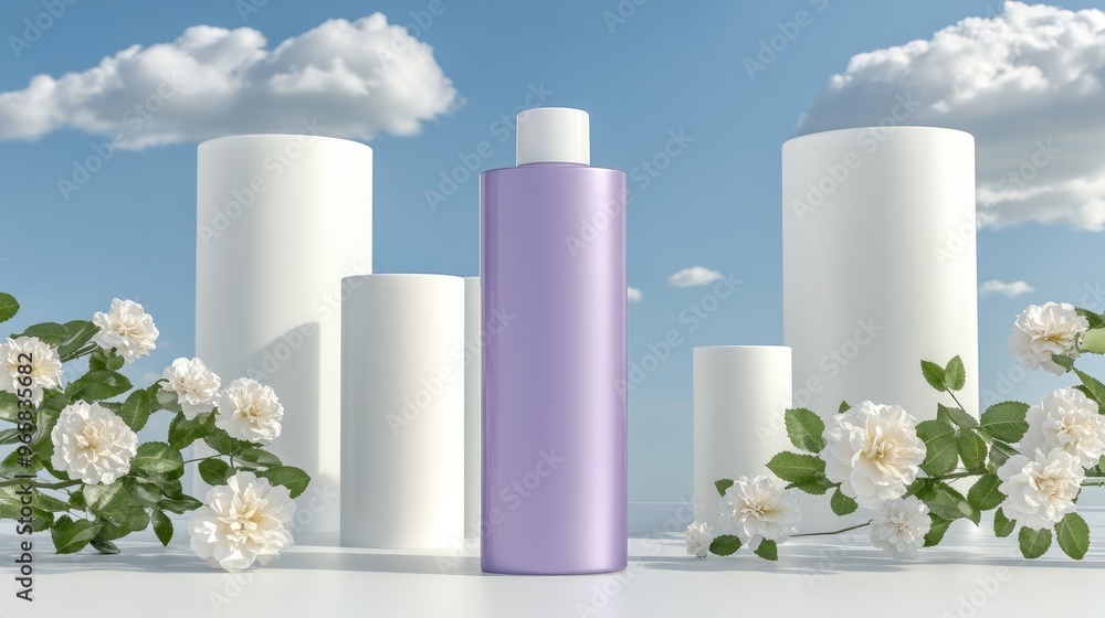 A luxurious purple shampoo bottle stands on a table flanked by white columns and blooming roses, set against a bright blue sky and gentle ocean backdrop A luxurious purple shampoo bottle stands on a table flanked by white columns and blooming roses, set against a bright blue sky and gentle ocean backdrop