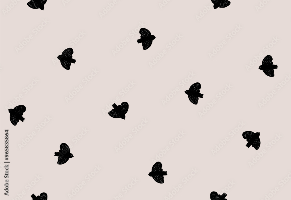 Cute Seamless Vector Pattern With Flying Black Birds. Black Sparrows on a Light Beige Background. Endless Print with Hand Drawn Birds Flying on a Sky. Infantile Style Repeatable Design. Cute Seamless Vector Pattern With Flying Black Birds. Black Sparrows on a Light Beige Background. Endless Print with Hand Drawn Birds Flying on a Sky. Infantile Style Repeatable Design.