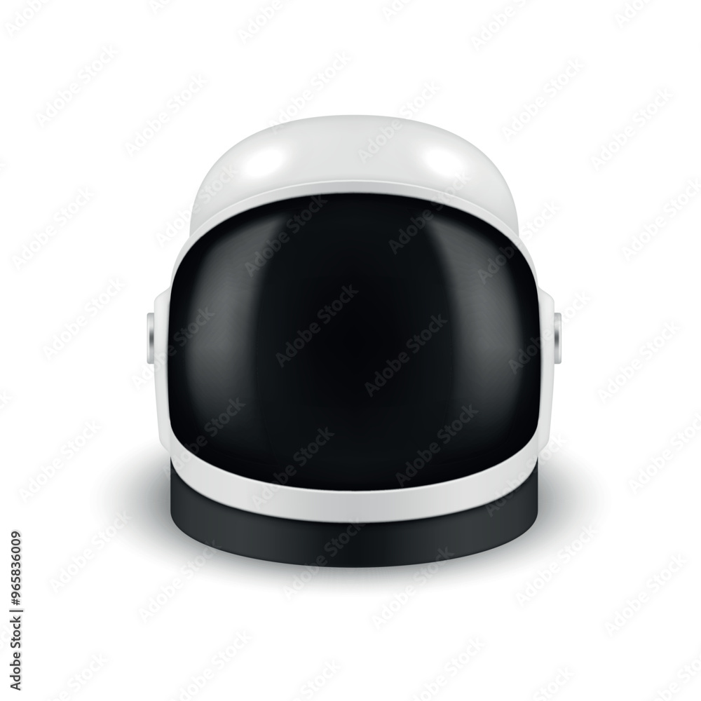 Fototapeta premium White astronaut helmet with black glass realistic vector illustration. Cosmonaut headdress