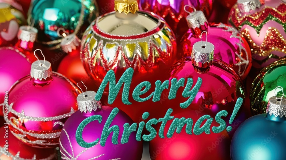Fototapeta premium Vibrant Christmas Ornaments and Festive Greeting