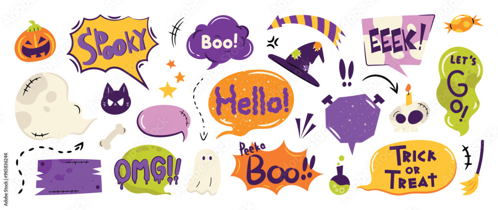 Set of speech bubble with text halloween concept vector. Collection of contemporary figure, skull, bat, pumpkin, candy. Chat design element perfect for banner, print, sticker, cartoon. Set of speech bubble with text halloween concept vector. Collection of contemporary figure, skull, bat, pumpkin, candy. Chat design element perfect for banner, print, sticker, cartoon.